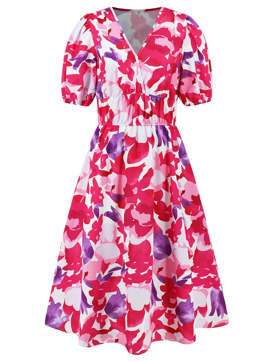 Ruched Printed Surplice Short Sleeve Dress - felvior