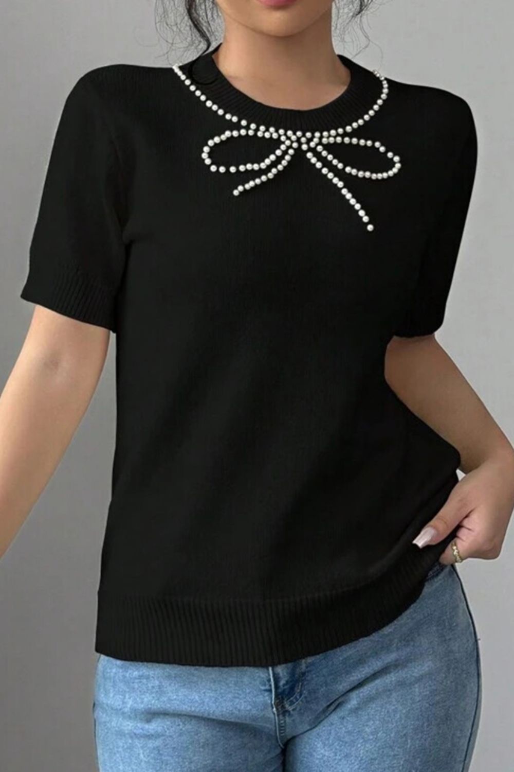 Pearl Bow Necklace Embellished Short Sleeve Knit Top - felvior