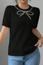 Pearl Bow Necklace Embellished Short Sleeve Knit Top
