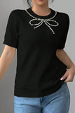 Pearl Bow Necklace Embellished Short Sleeve Knit Top - felvior