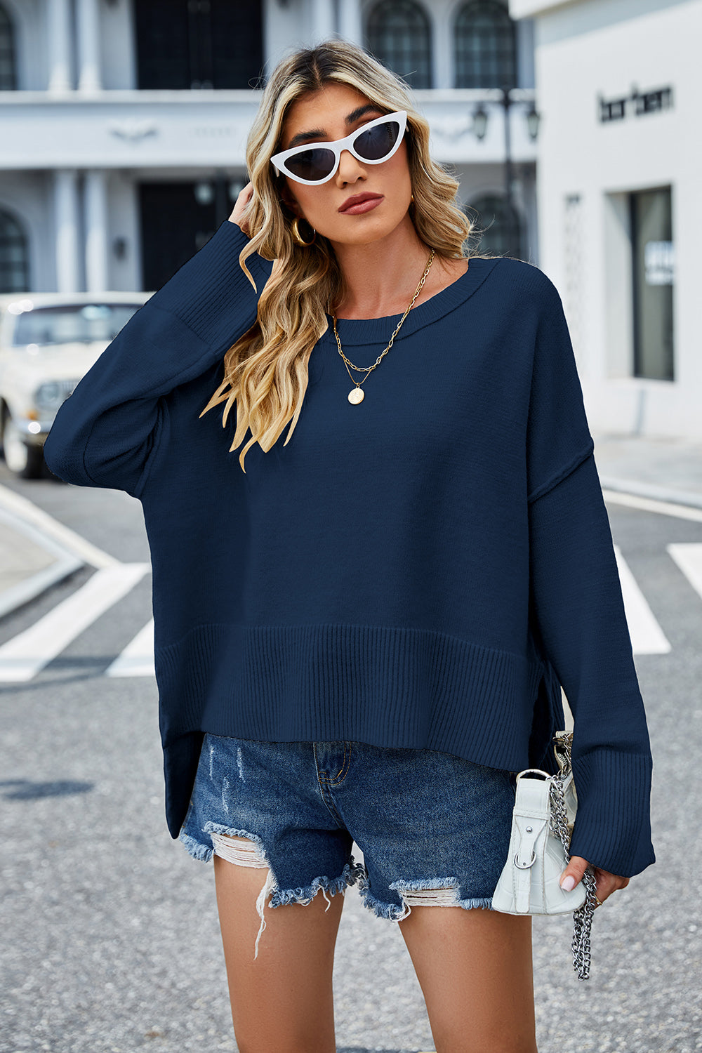 High-Low Slit Round Neck Long Sleeve Sweater - felvior