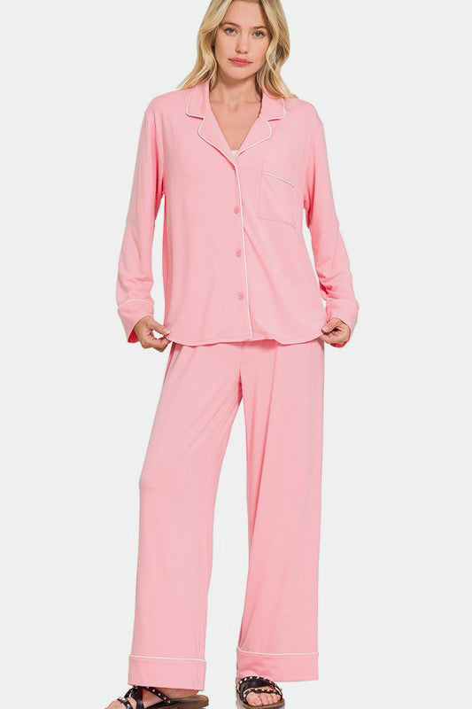 Zenana Button Down Long Sleeve Top and Pants Lounge Set - felvior