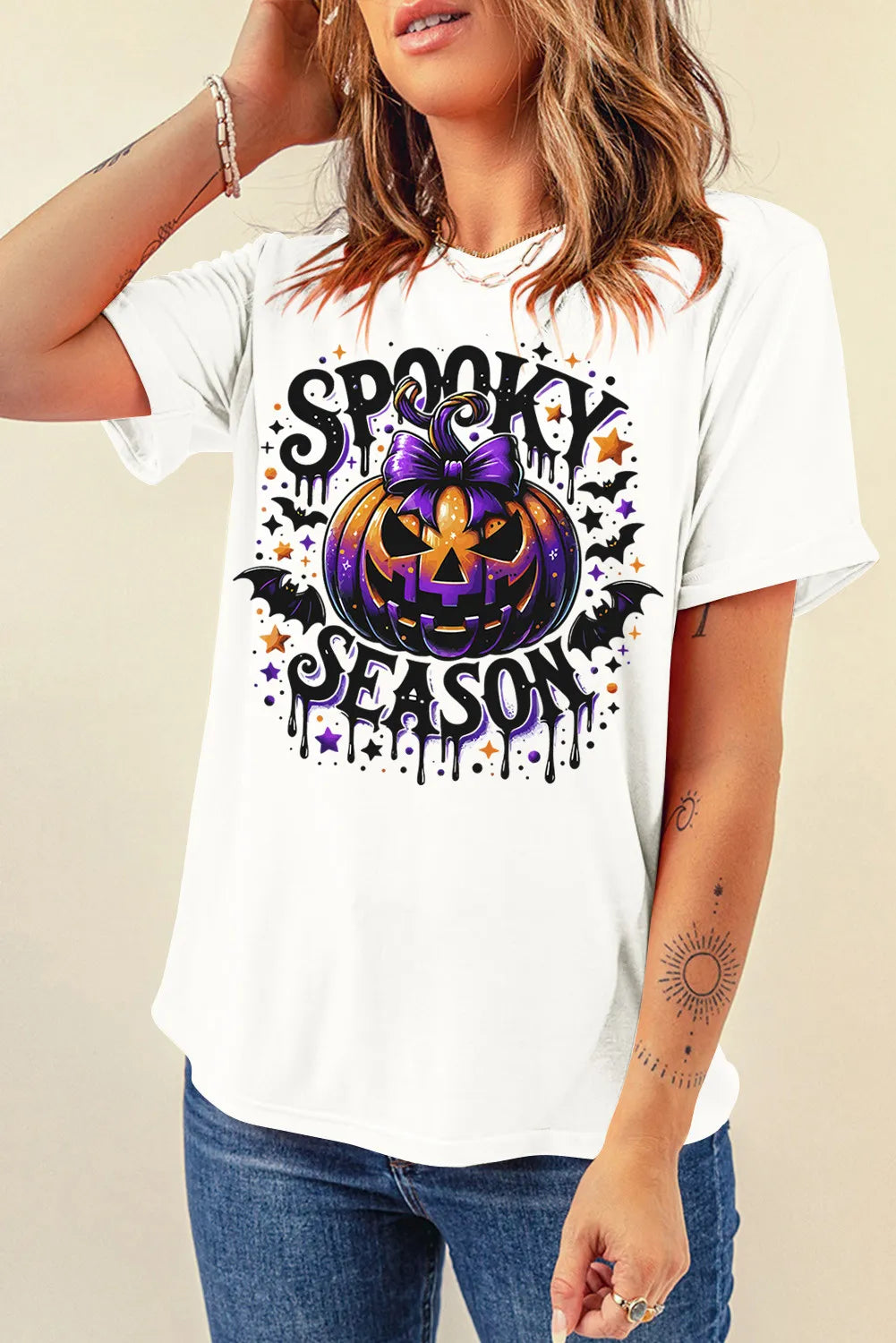 Full Size Jack-O'-Lantern Graphic Round Neck Short Sleeve T-Shirt - felvior