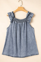 Ruffled Shirred Denim Top