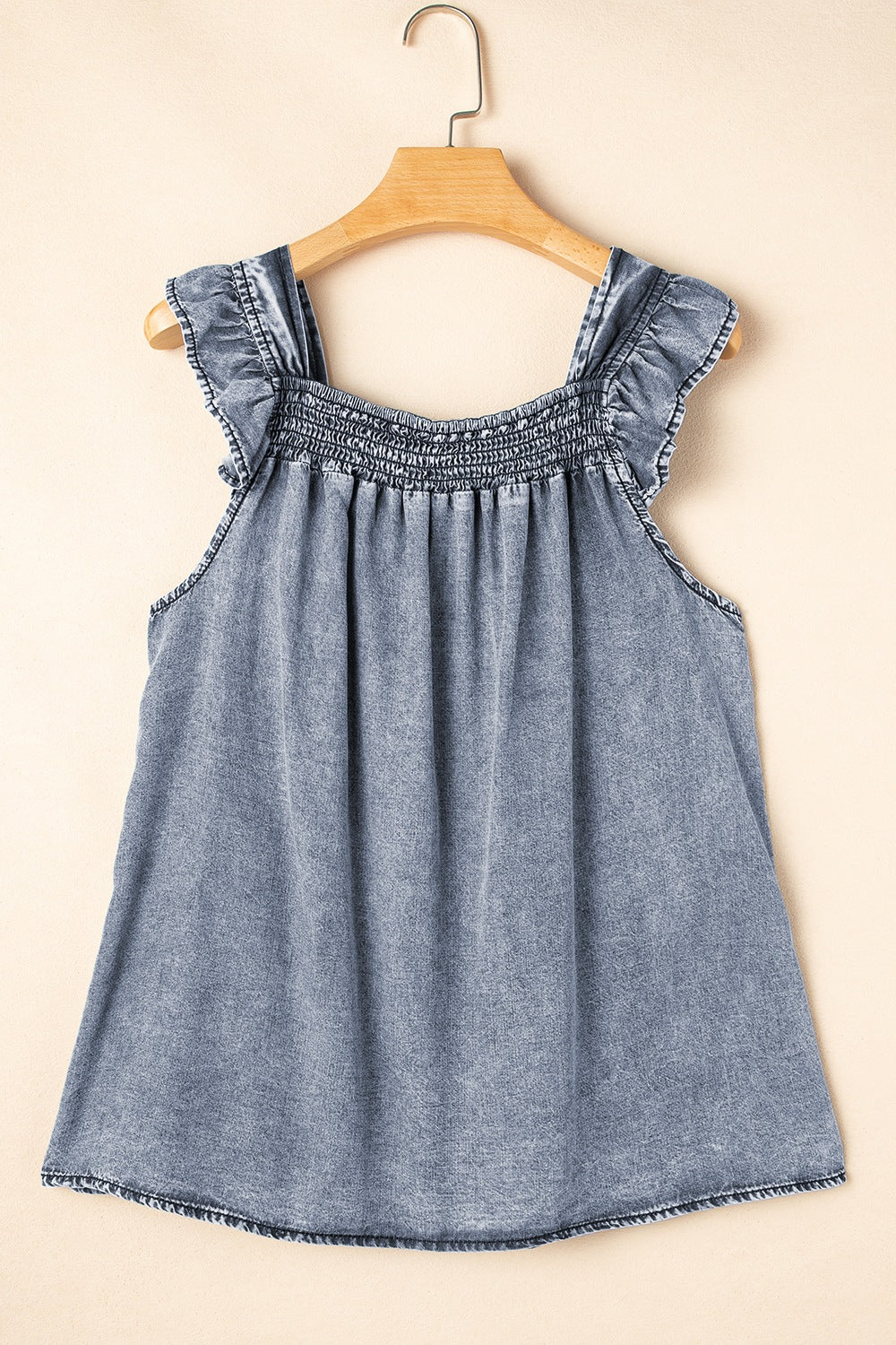 Ruffled Shirred Denim Top