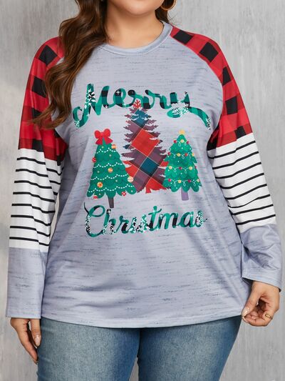 Plus Size Christmas Tree Plaid Round Neck Long Sleeve T-Shirt - felvior