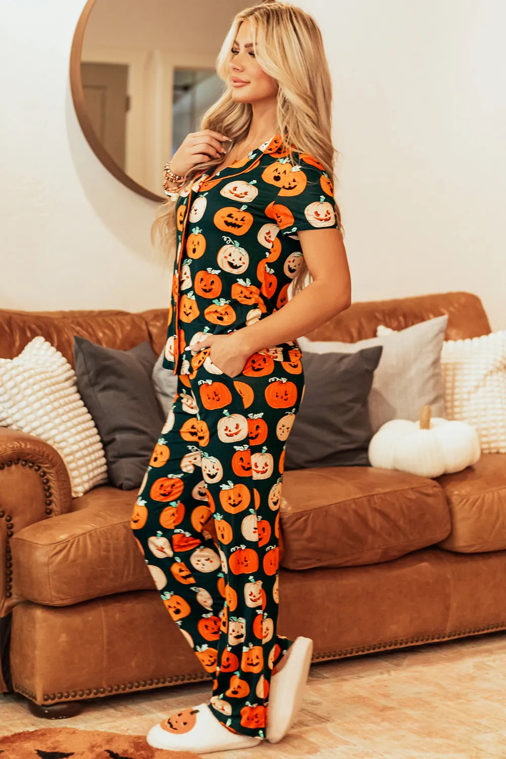 Pumpkin Printed Short Sleeve Top and Pants Lounge Set - felvior