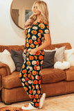 Pumpkin Printed Short Sleeve Top and Pants Lounge Set - felvior
