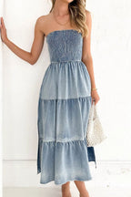 Smocked Tube Slit Tiered Denim Dress