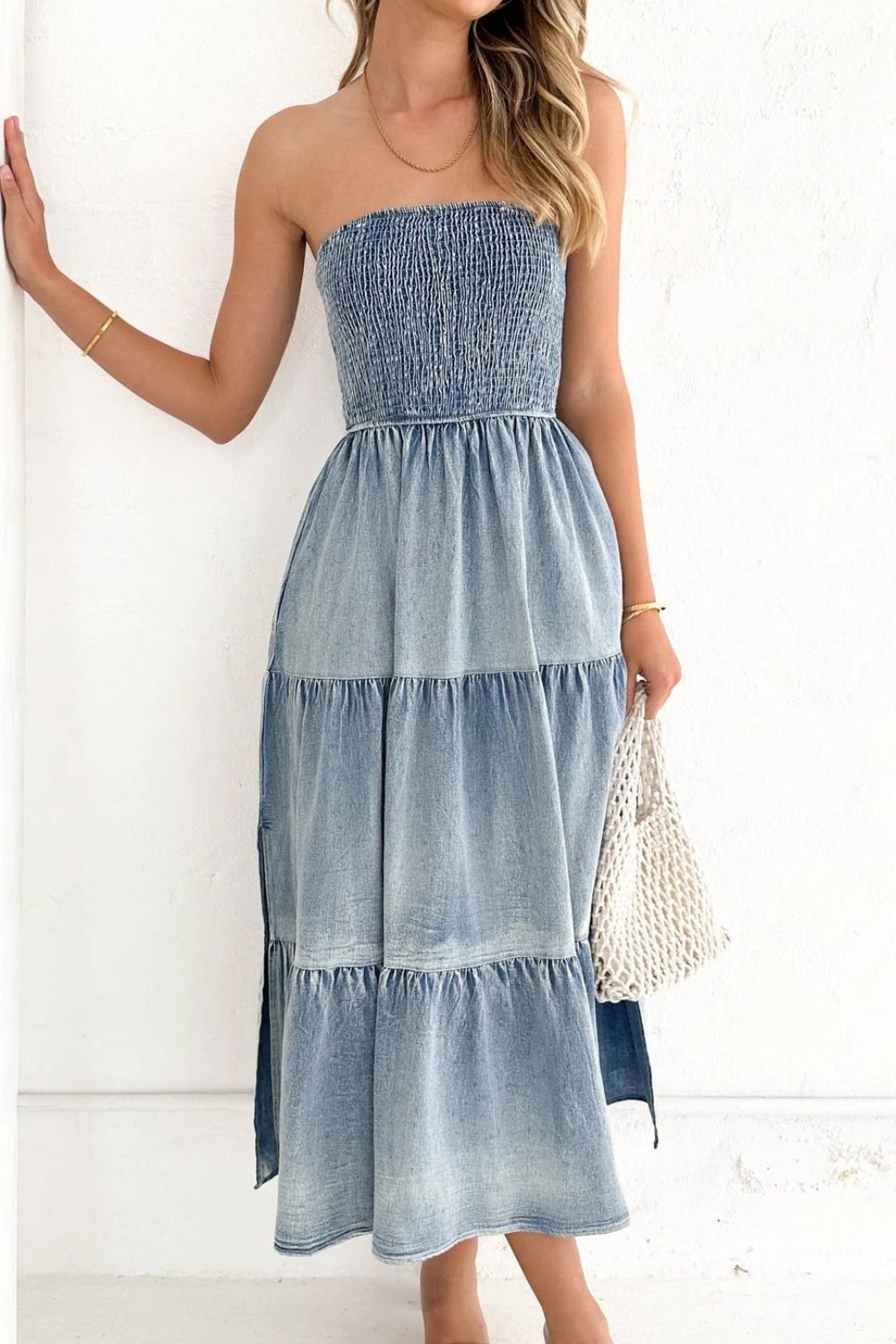 Smocked Tube Slit Tiered Denim Dress