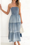 Smocked Tube Slit Tiered Denim Dress - felvior