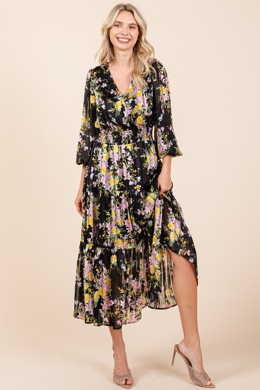 Mittoshop Flower Print Satin Lurex Stripe Smocked Midi Dress - felvior