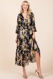 Mittoshop Flower Print Satin Lurex Stripe Smocked Midi Dress - felvior