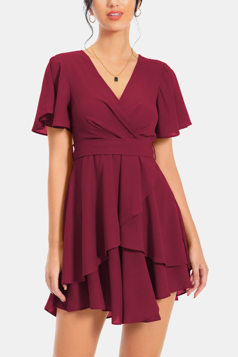 Surplice Neck Flutter Sleeve Dress - felvior