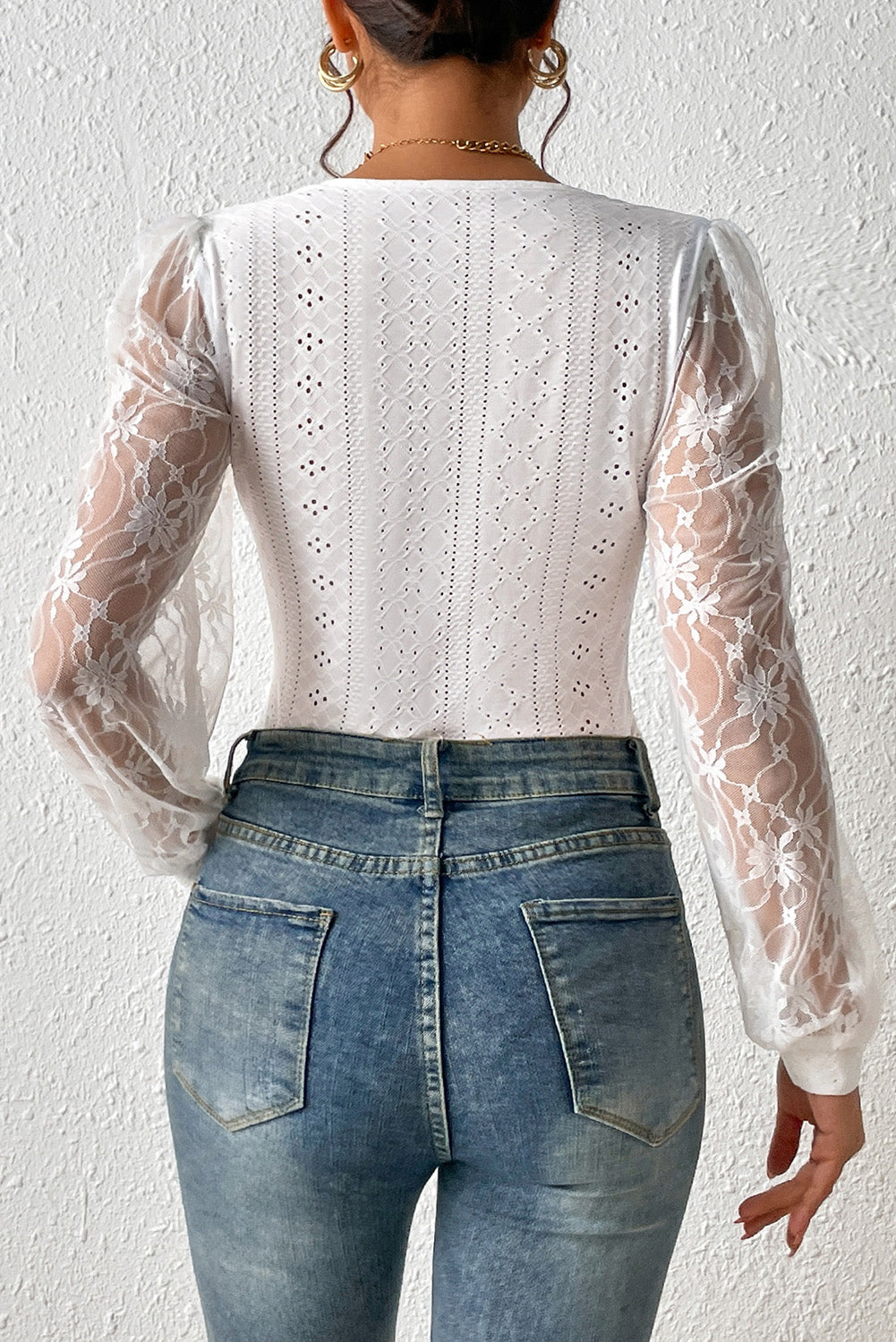 Eyelet Lace Long Sleeve Bodysuit - felvior
