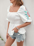 Perfee Embroidered Smocked Square Neck Half Sleeve Blouse - felvior