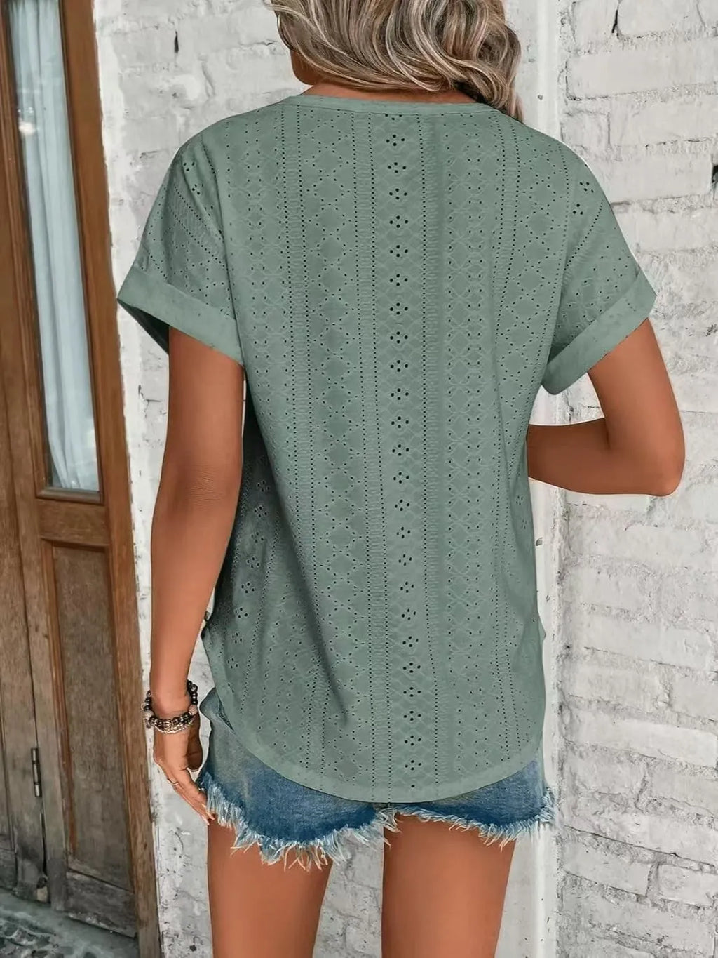 Eyelet Round Neck Short Sleeve T-Shirt