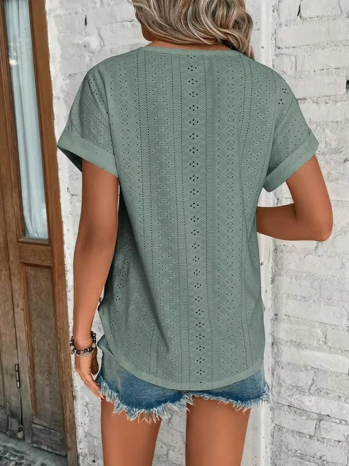 Eyelet Round Neck Short Sleeve T-Shirt