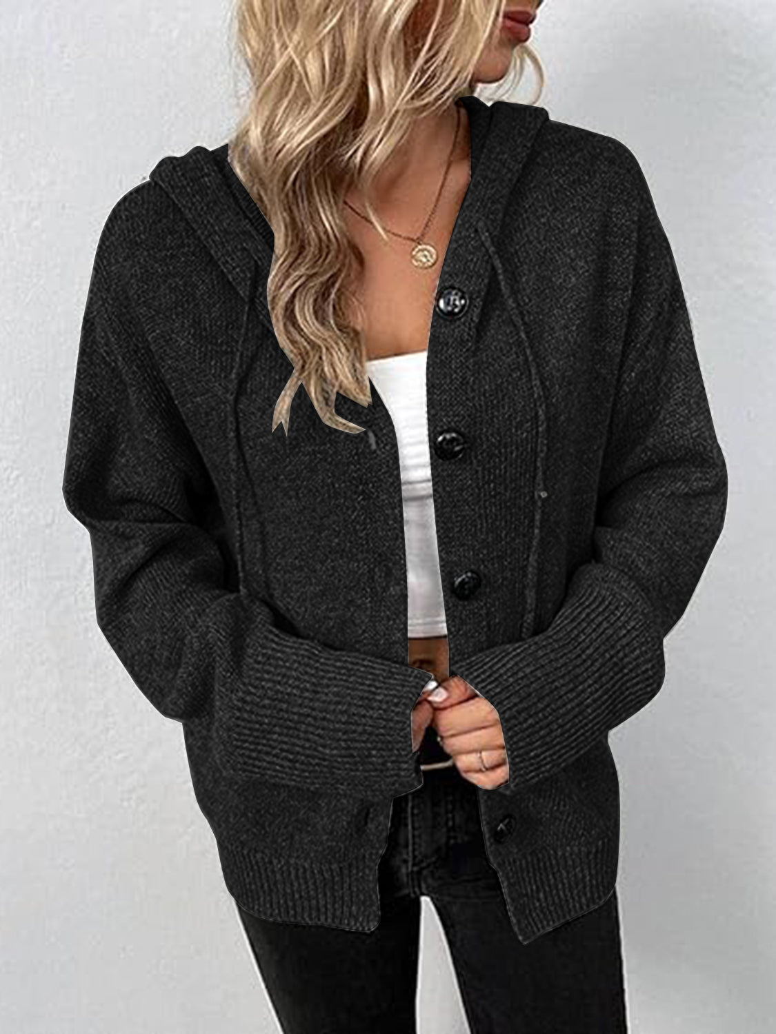 Button Up Drawstring Long Sleeve Hooded Cardigan - felvior