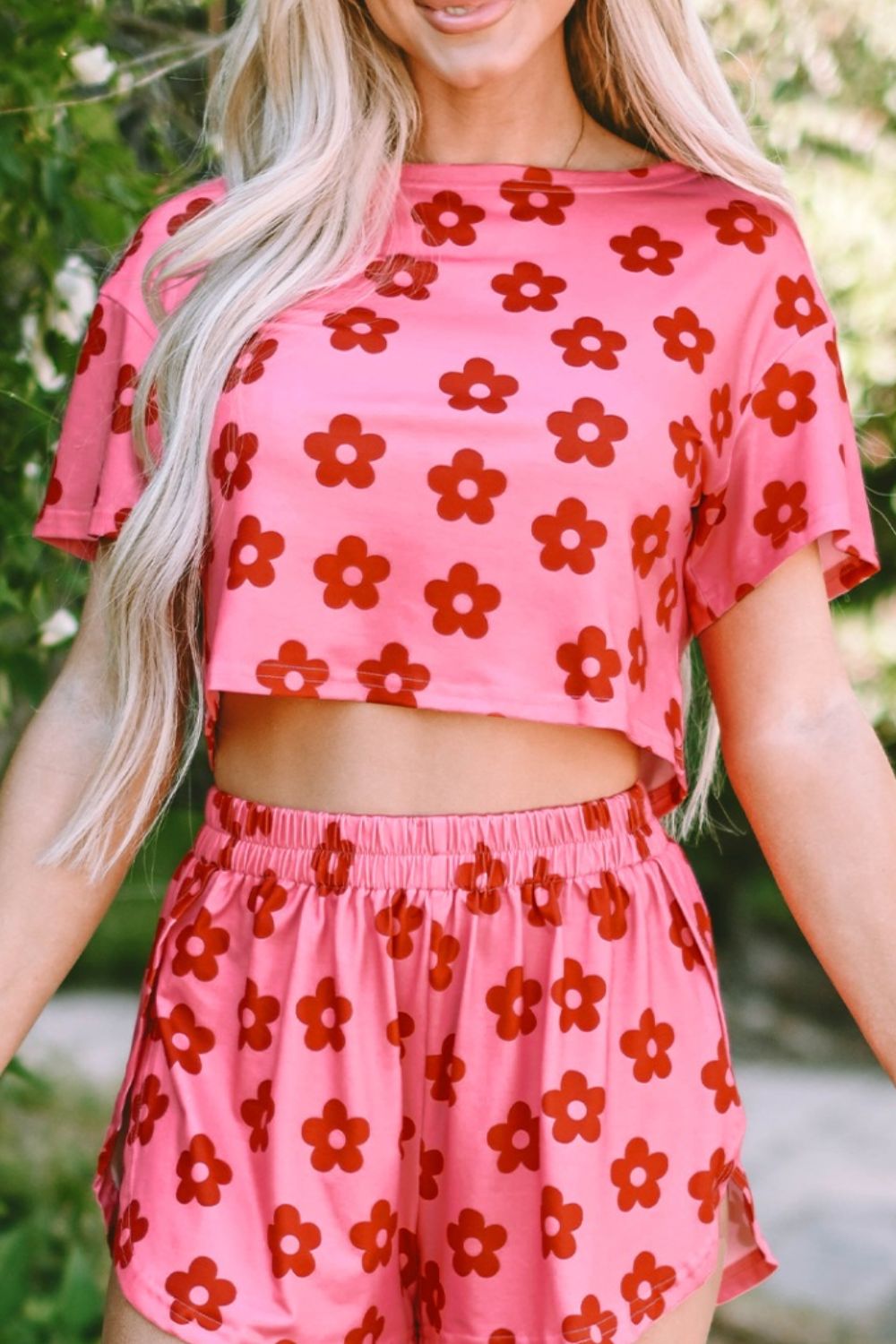 Floral Cropped Tee and Shorts Lounge Set - felvior