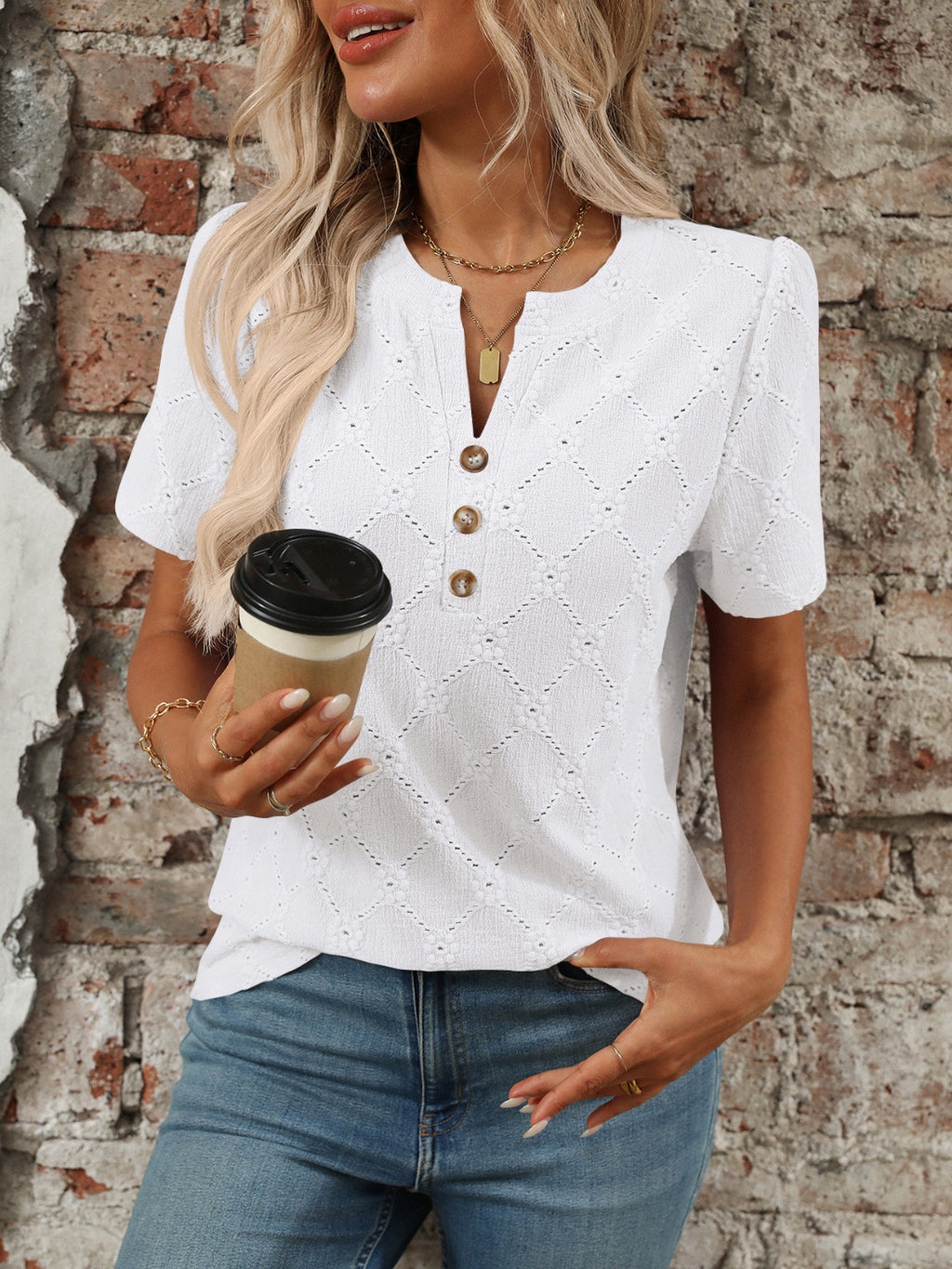 Eyelet Notched Short Sleeve Top