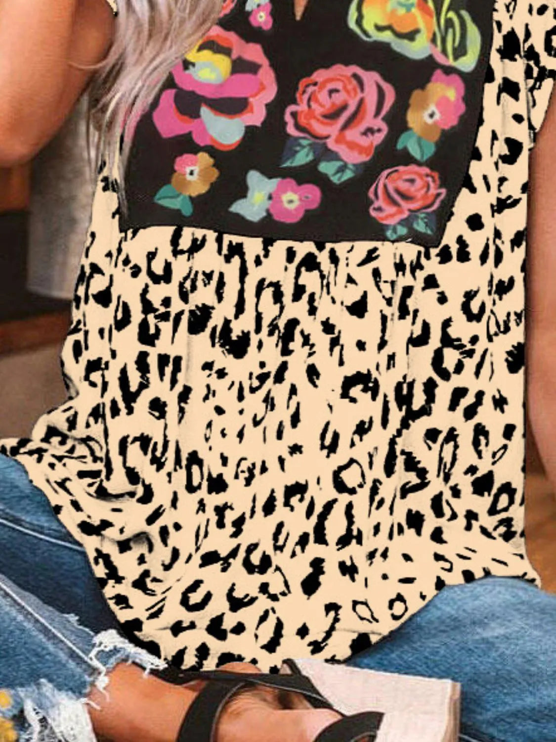 Full Size Leopard Floral Notched Cap Sleeve Blouse Plus Size