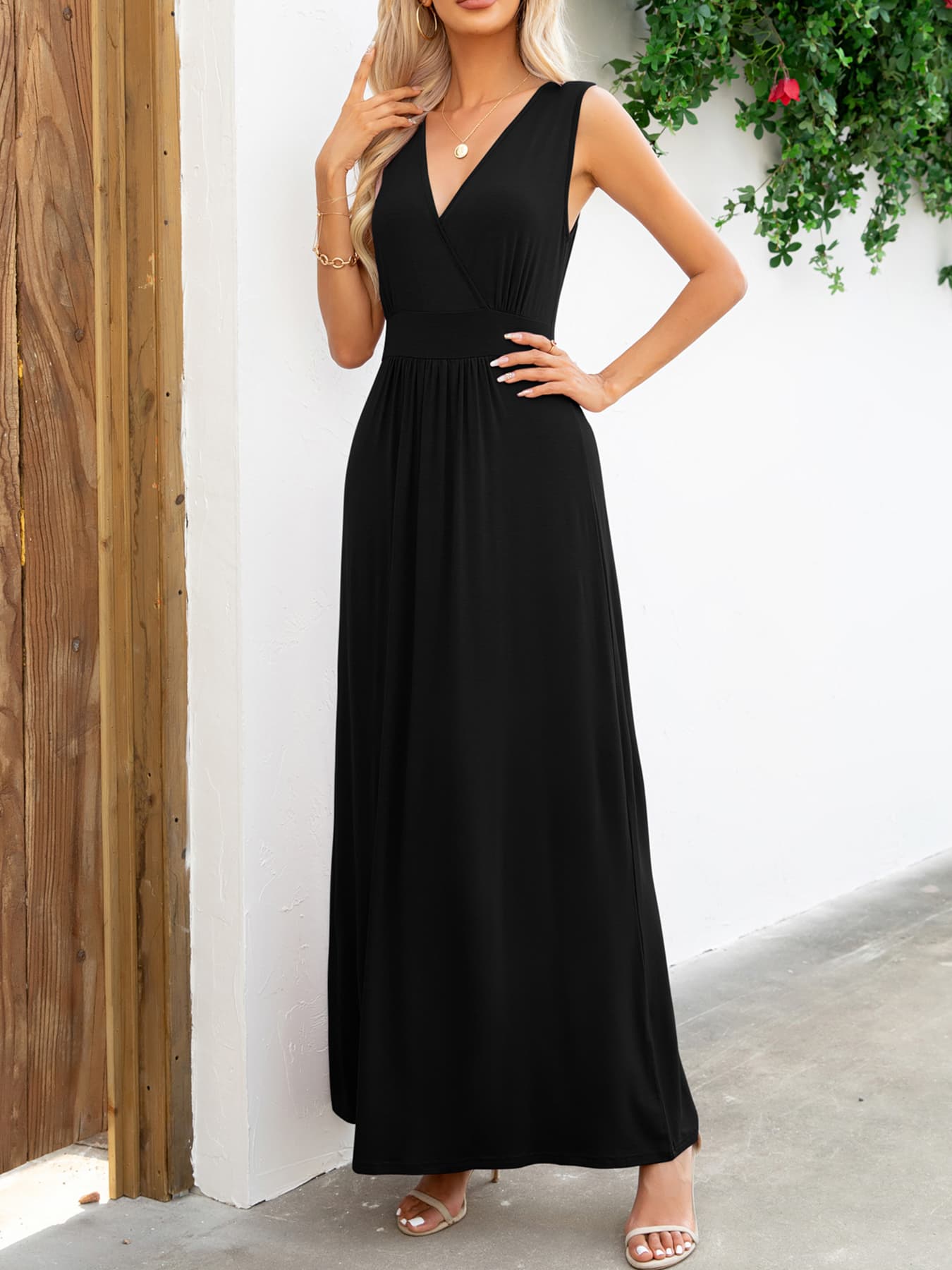 Surplice Neck Sleeveless Maxi Dress - felvior
