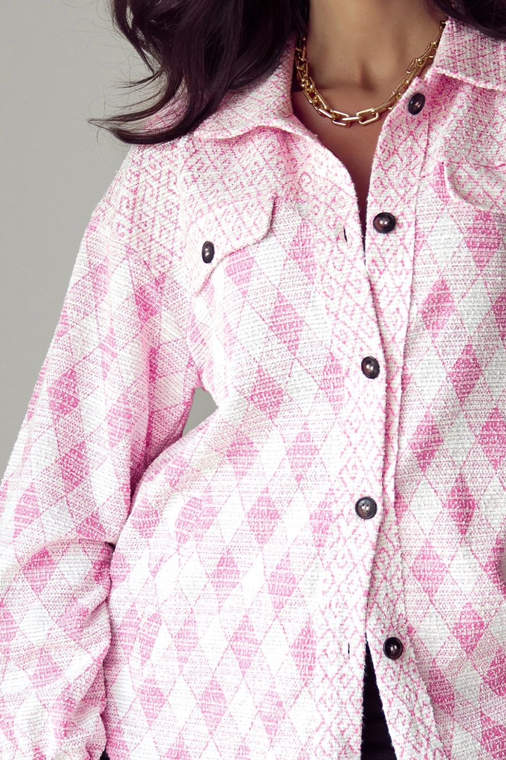 Geometric Print Textured Flap Pocket Shacket - felvior