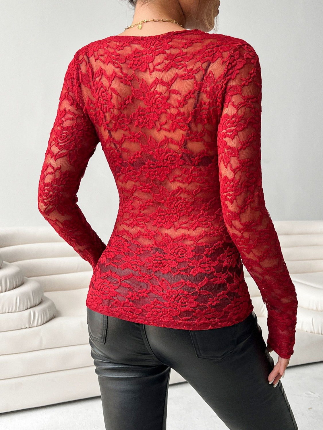 V-Neck Long Sleeve Lace Top - felvior