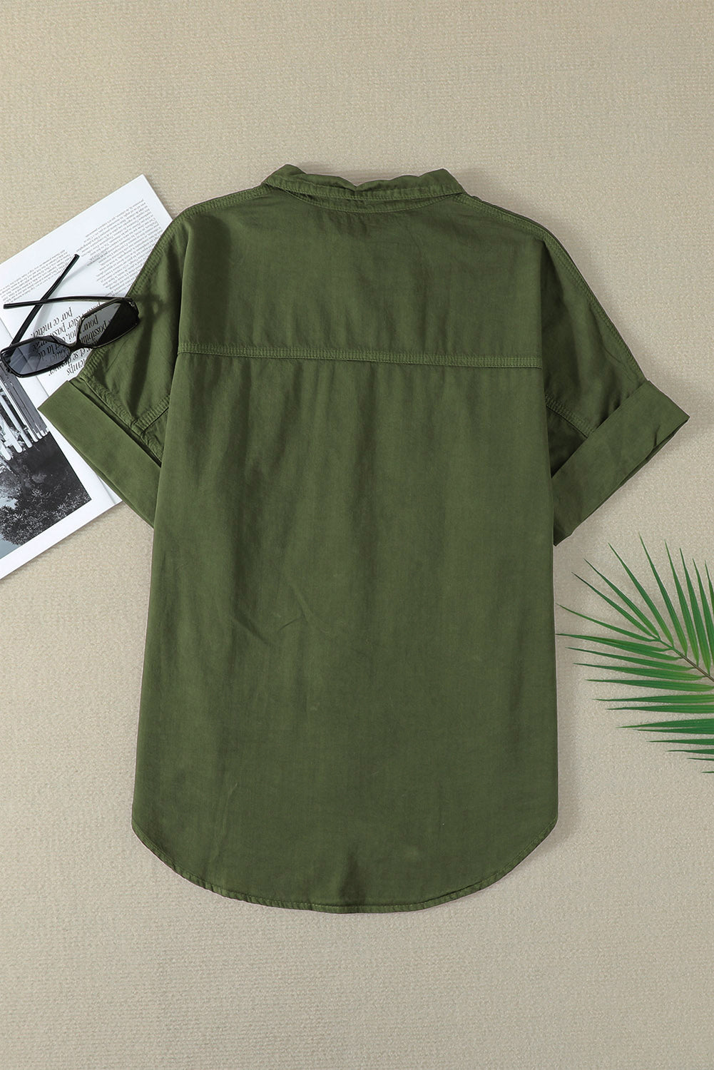Pocketed Button Up Short Sleeve Denim Shirt - felvior