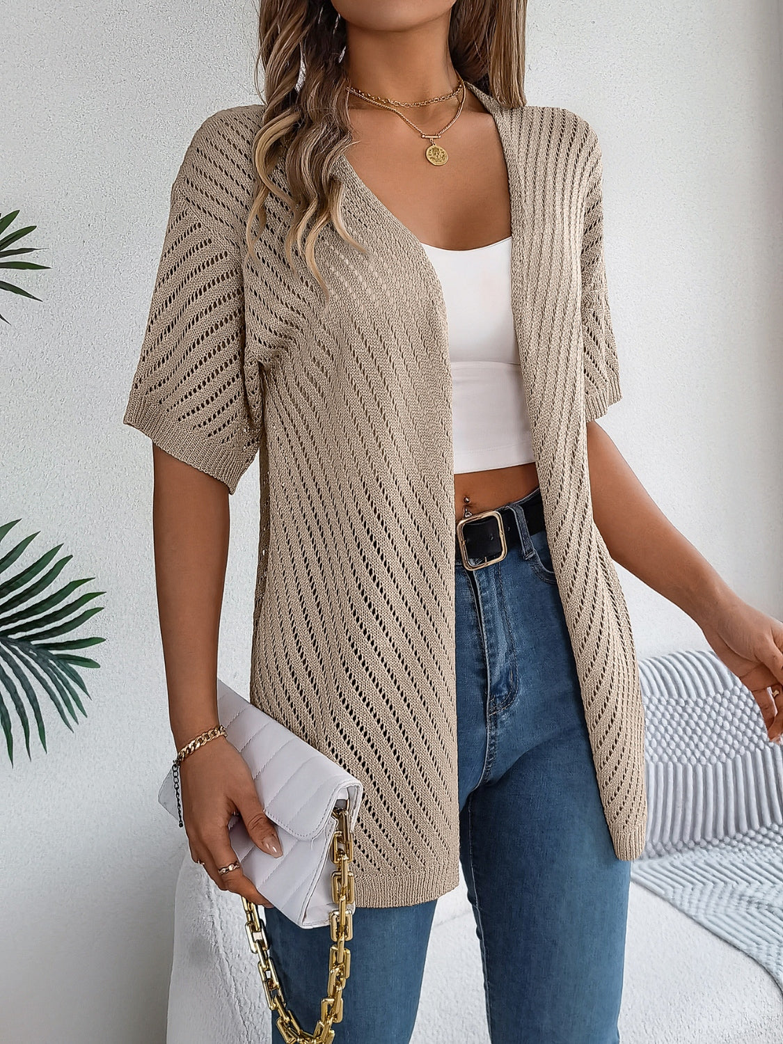 Openwork Open Front Half Sleeve Cardigan - felvior