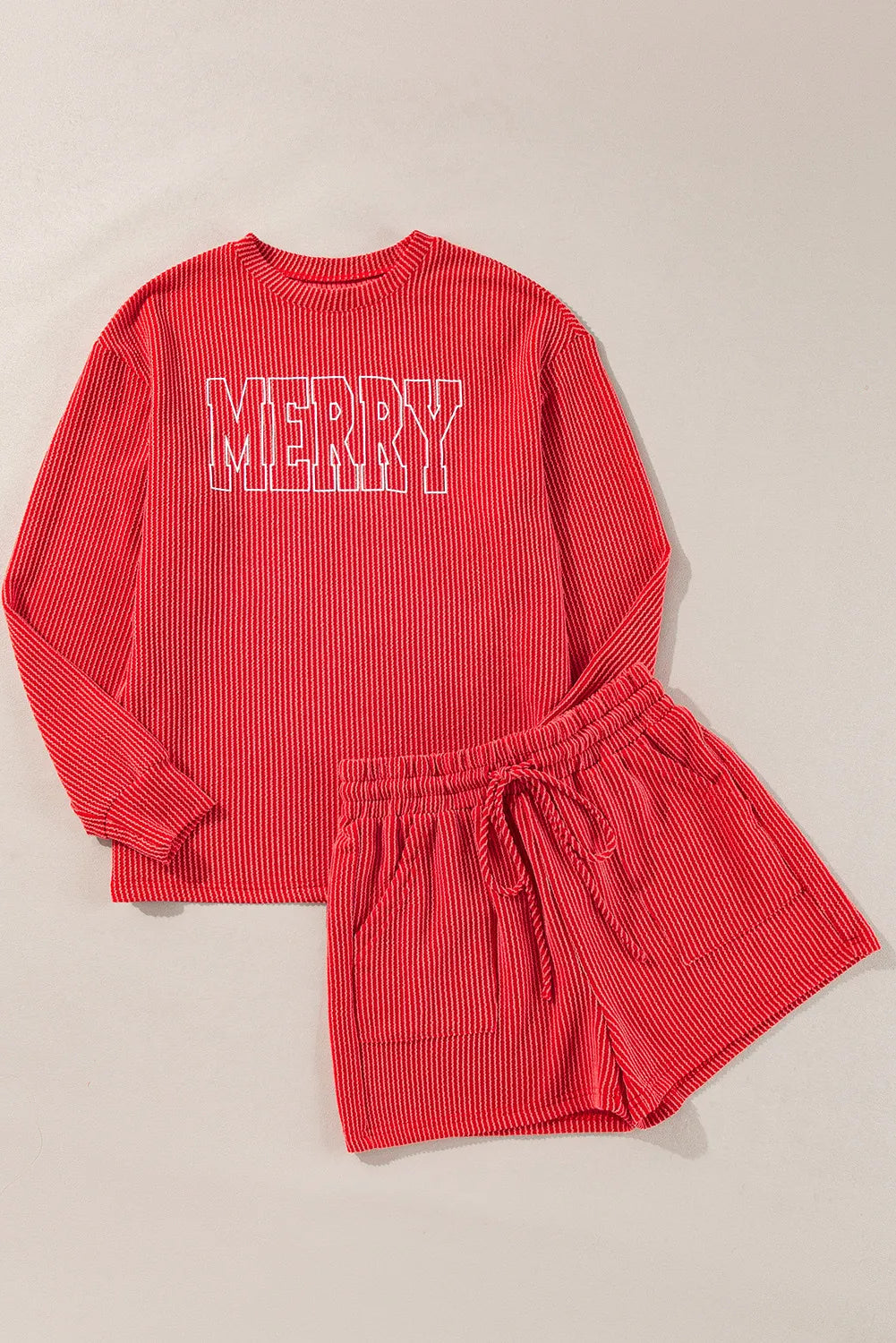 MERRY Round Neck Long Sleeve Top and Shorts Lounge Set - felvior