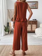 Ruffled Round Neck Top and Wide Leg Pants Set