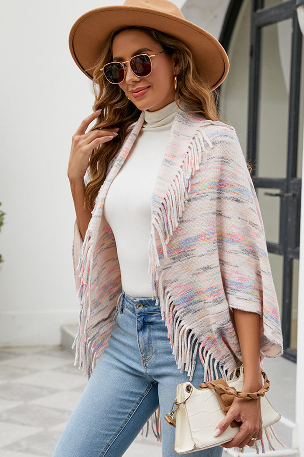Fringe Detail Printed Poncho - felvior