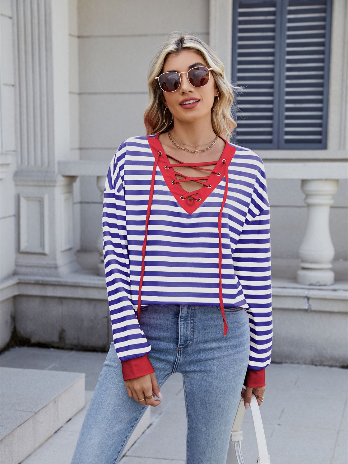 Lace-Up Striped Long Sleeve T-Shirt