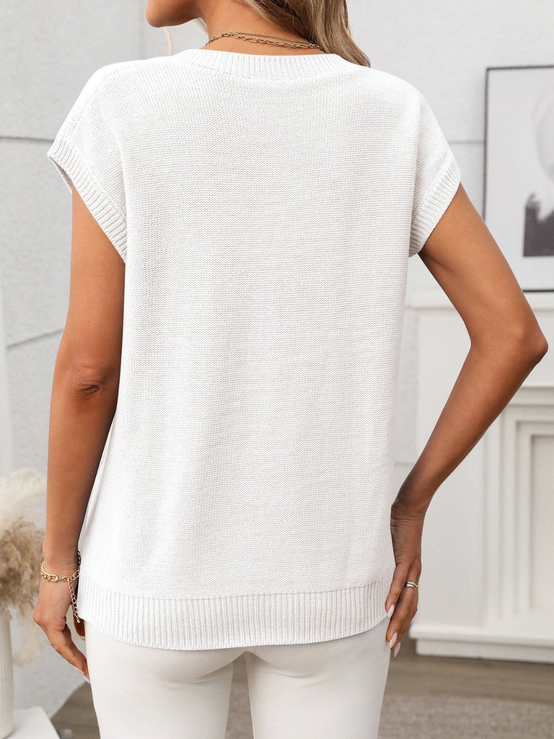 Cable-Knit V-Neck Short Sleeve Knit Top - felvior