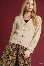 Umgee Chunky Cable Knit V-Neck Button-Up Cardigan