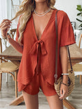 Tie Front Short Sleeve Top and Shorts Set - felvior