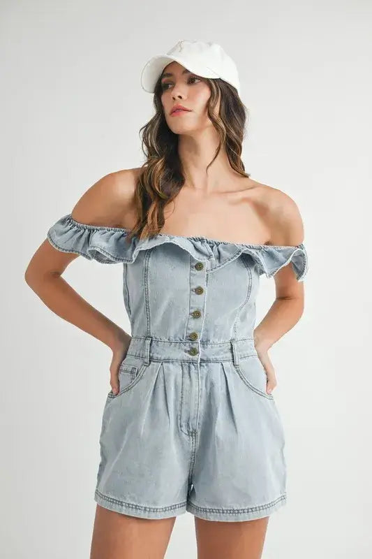 MABLE Off Shoulder Ruffle Detail Denim Romper