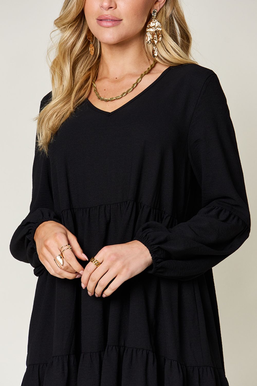 Double Take Full Size V-Neck Balloon Sleeve Tiered Dress with Pockets - felvior