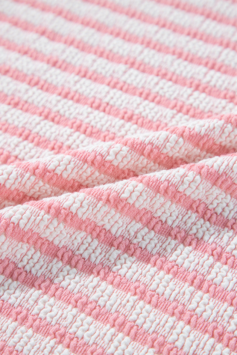 Stripe Textured Puff Sleeve Crewneck Top - felvior