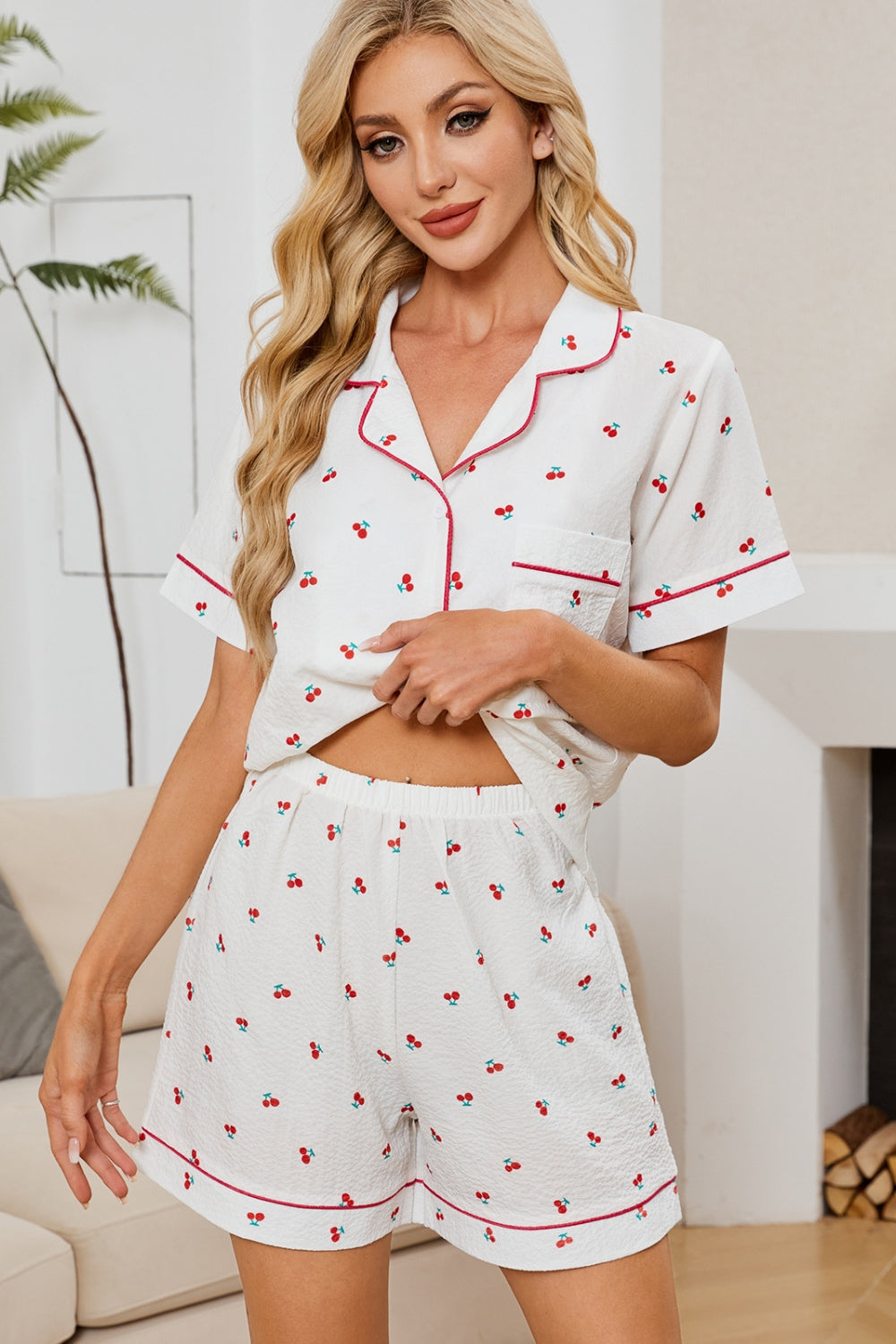 Cheery Print Collared Neck Top and Shorts Lounge Set