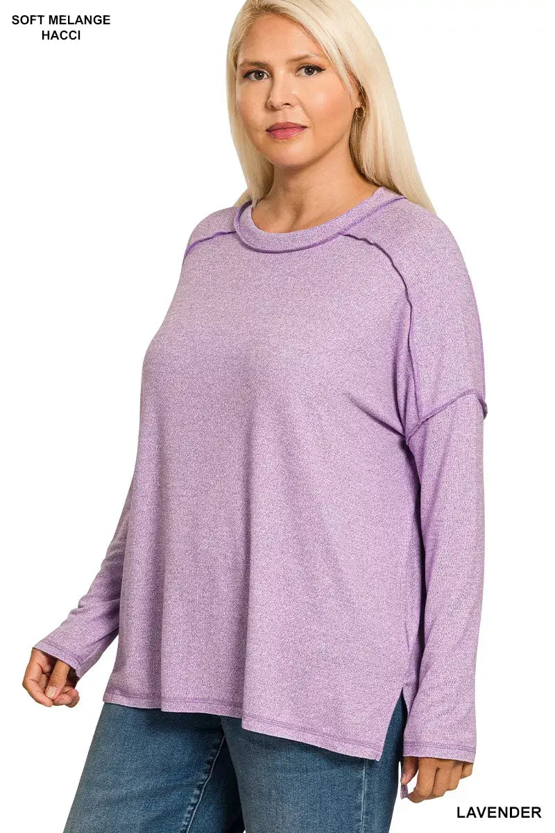 Zenana Full Size Melange Hacci Exposed Seam Hi-low Tee Plus Size