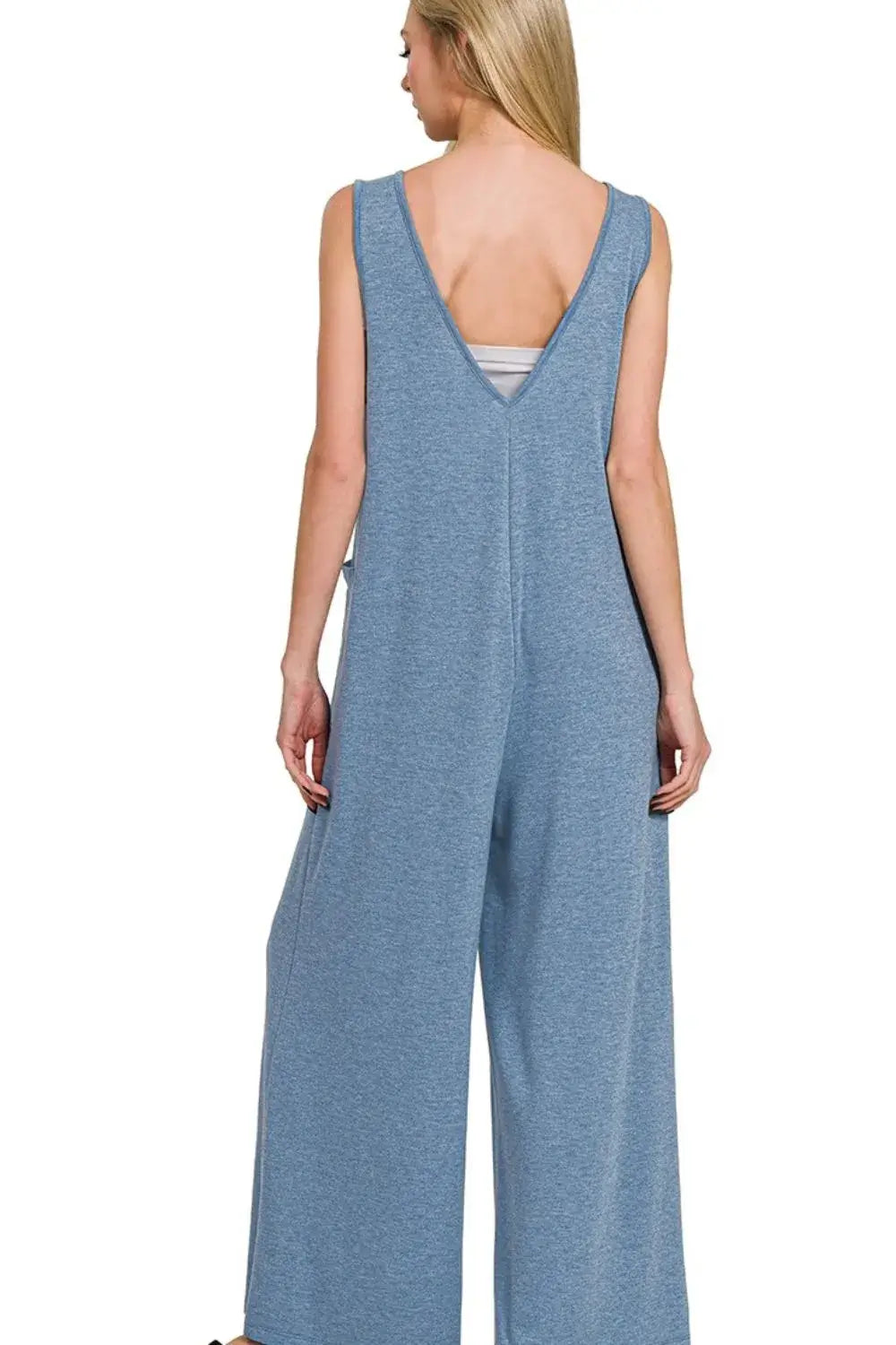 Zenana French Terry Deep V Neck Jumpsuits