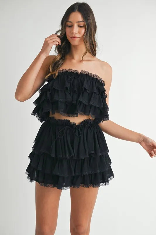 MABLE Ruffle Layered Crop Top and Mini Skirt Set - felvior