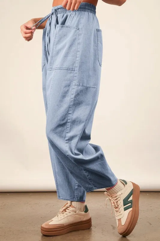 VERY J Washed Chambray Barrel Denim Pants