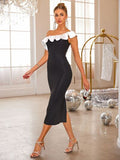 Slit Contrast Single Shoulder Midi Dress - felvior