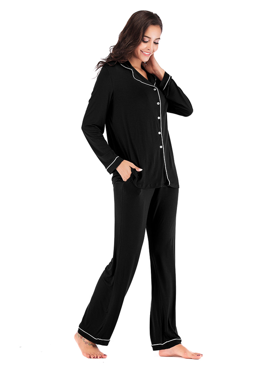 Collared Neck Long Sleeve Loungewear Set with Pockets - felvior