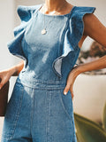 Ruffled Backless Sleeveless Denim Jumpsuit - felvior