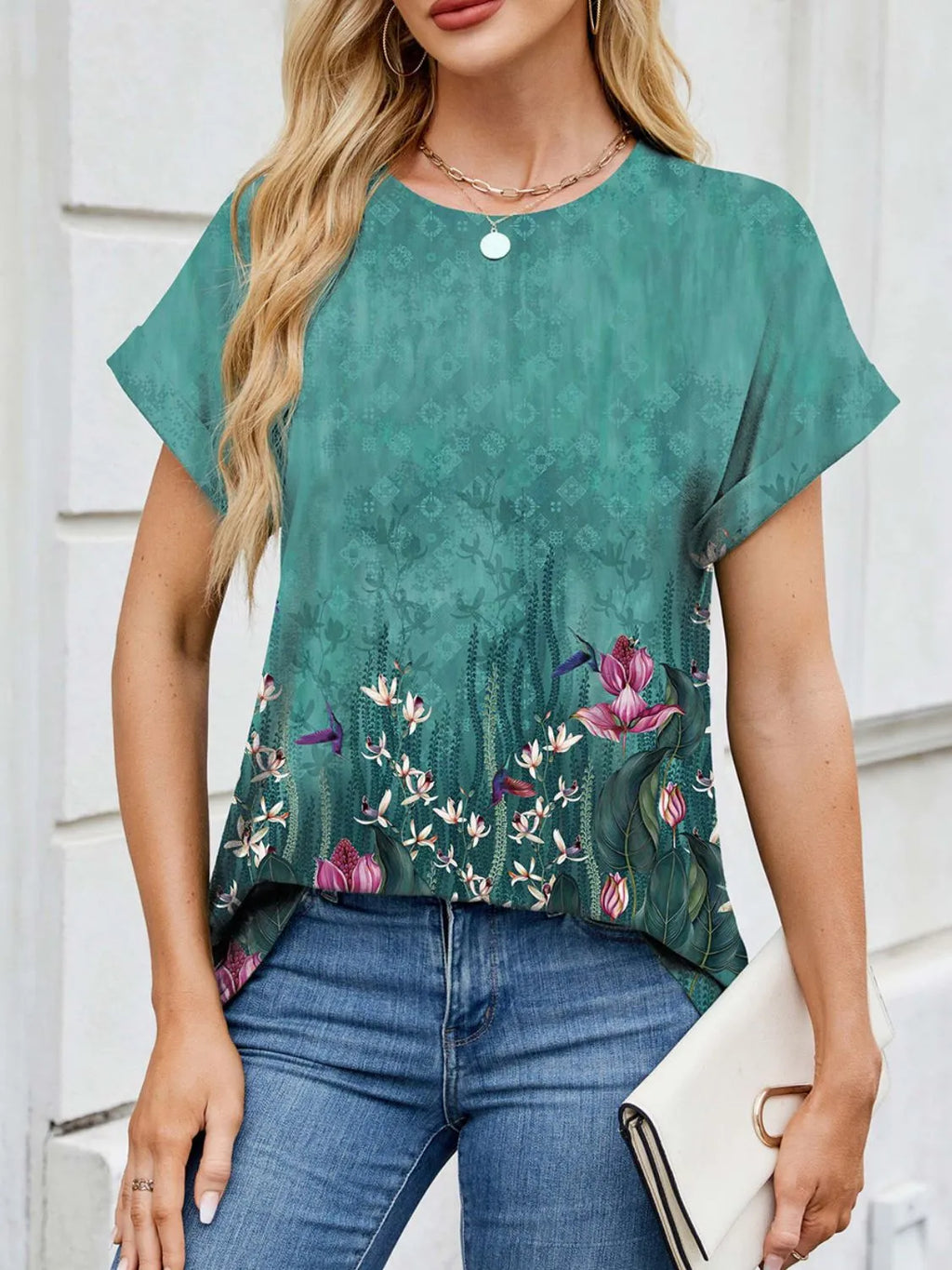 Printed Round Neck Short Sleeve Top
